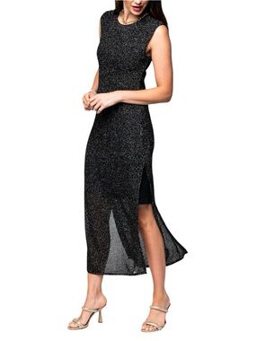 Biana Sabrina Dress Shimmer Mesh Knit Sleeveless Long Black Silver Medium